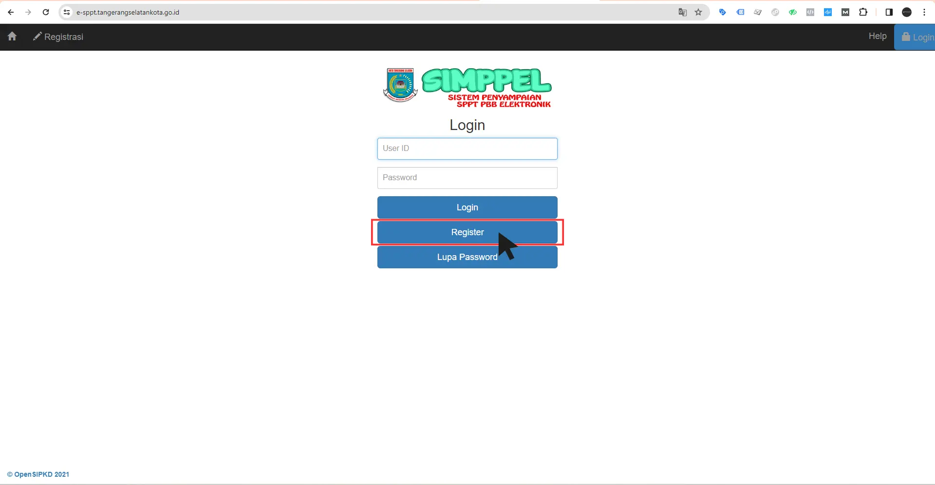 Registrasi di situs e-sppt Tangerang Selatan