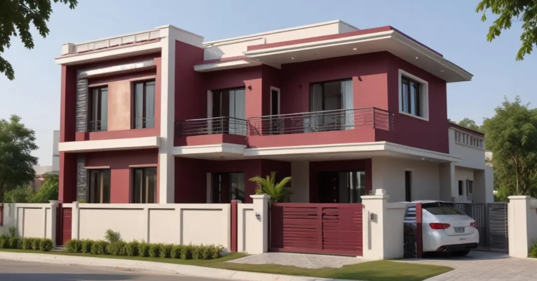 Cat depan rumah merah maroon memberikan kesan elegan