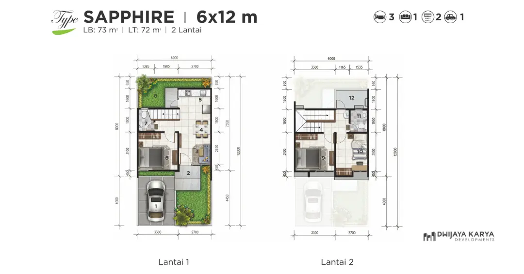 Floor plan unit rumah tipe Sapphire