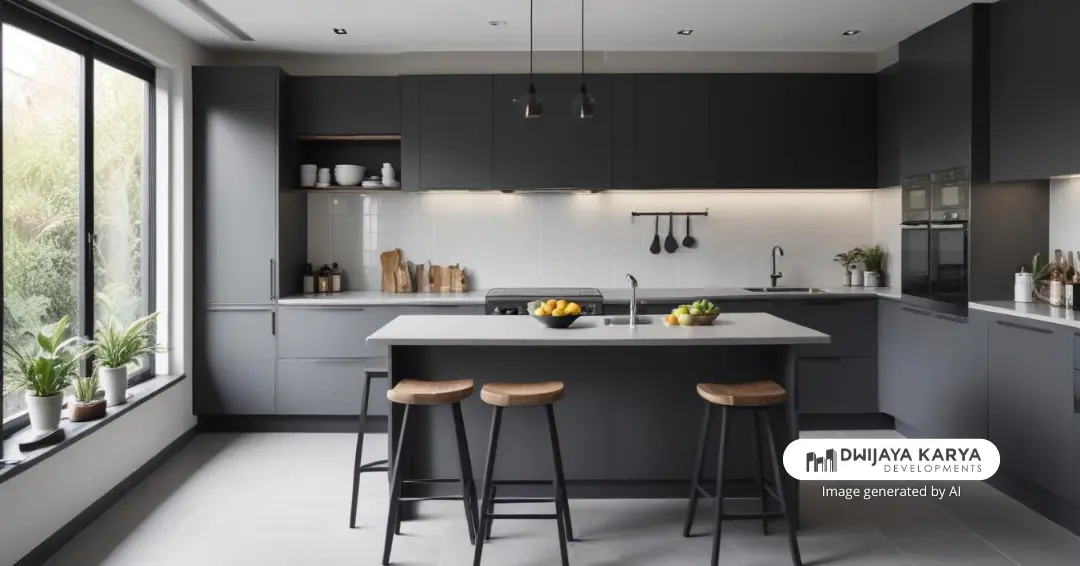 Desain dapur minimalis modern menggunakan aksen warna monokrom