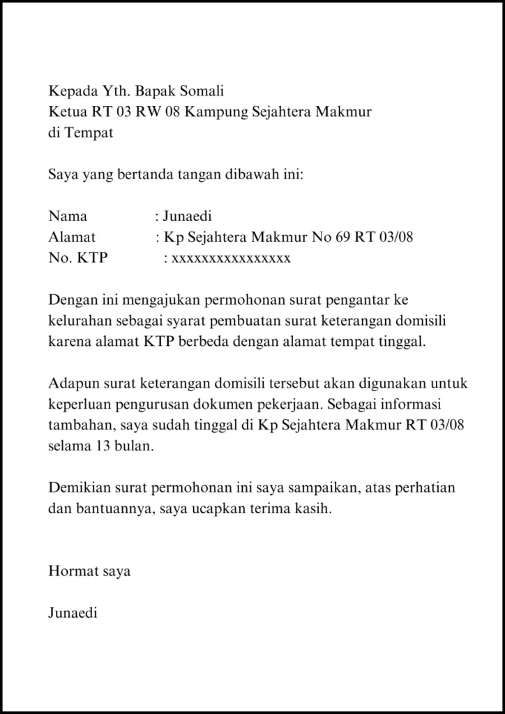 Surat permohonan surat pengantar ke RT RW