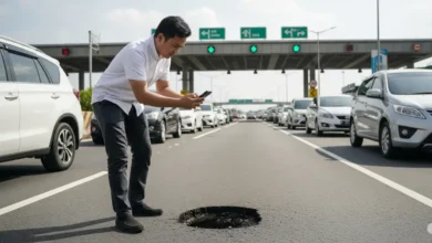 Ilustrasi seseorang yang sedang memfoto jalan rusak untuk dilaporkan via Aplikasi Jalan Kita